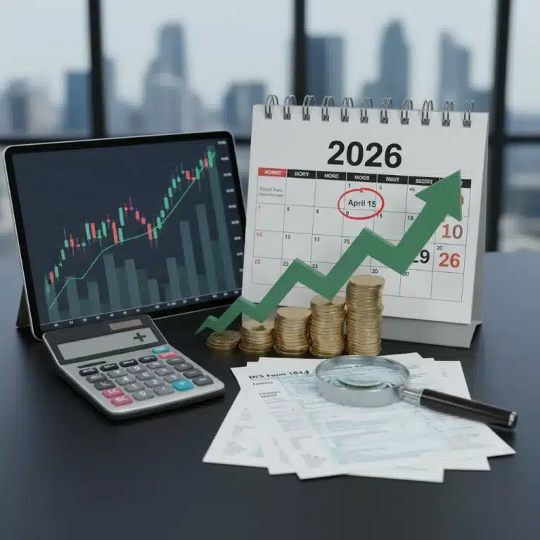Financial documents and charts with a calendar marking 2026, symbolizing capital gains tax reform planning.