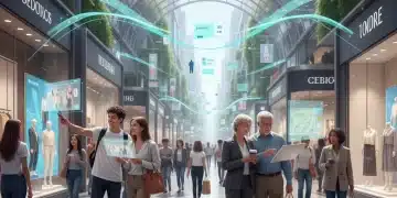 Diverse consumers engaging with fashion in a modern, digitally integrated shopping environment, reflecting future trends.