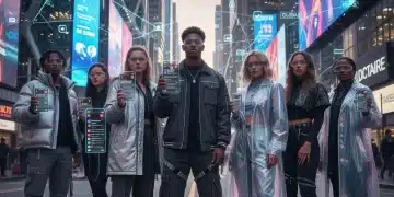 Diverse individuals showcasing 2026 street fashion trends, actively engaging with social media on their smartphones in an urban setting.