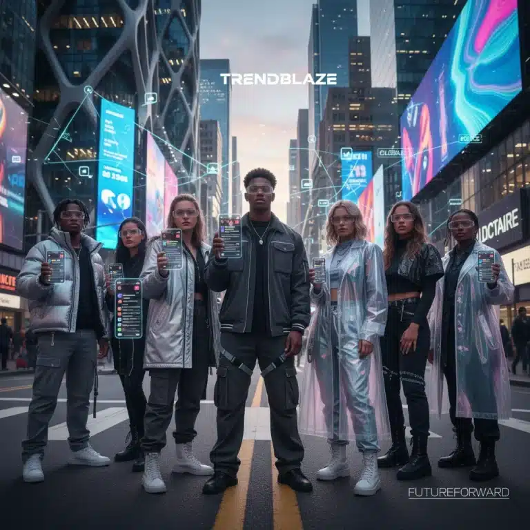 Diverse individuals showcasing 2026 street fashion trends, actively engaging with social media on their smartphones in an urban setting.