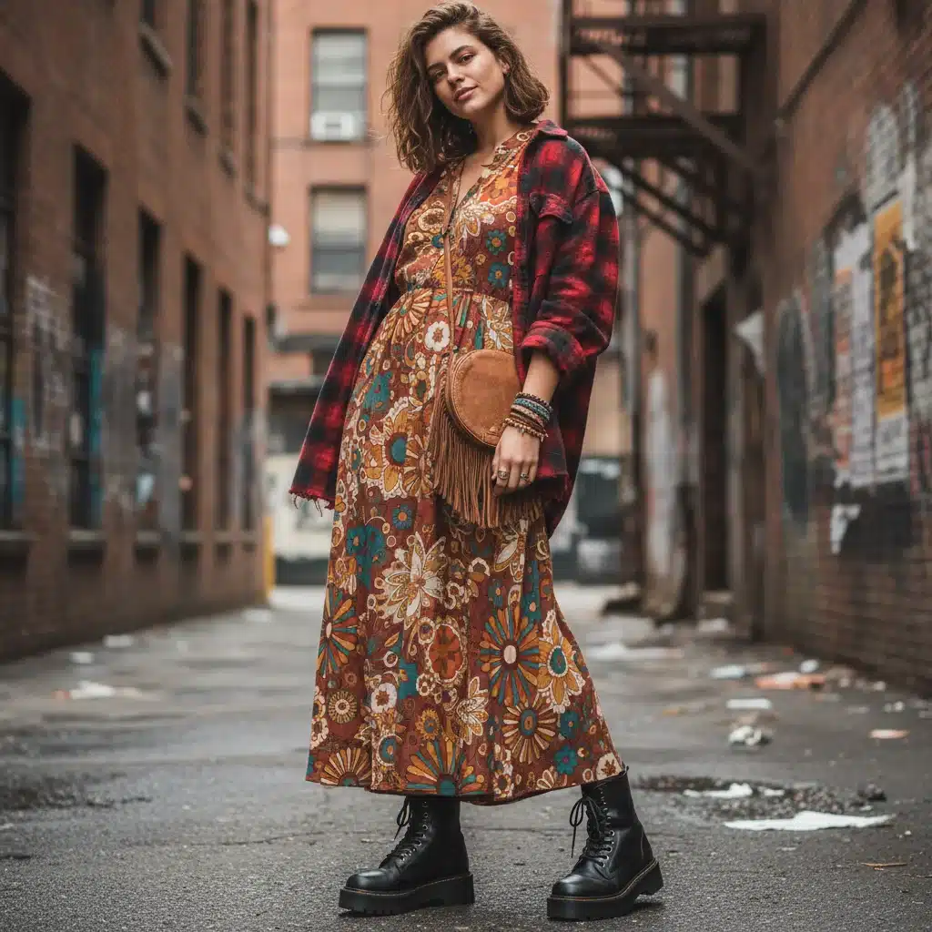 Bohemian 70s dress with a 90s grunge flannel shirt and chunky boots, showcasing retro fashion blend.