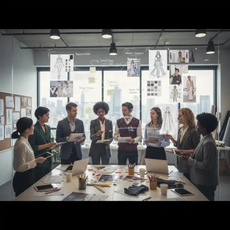 Fashion team collaborating on an agile project board with digital tools and physical samples.