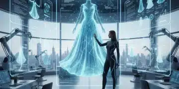 AI-powered fashion design studio with holographic garment projections