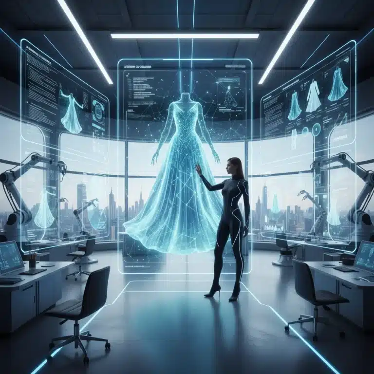 AI-powered fashion design studio with holographic garment projections