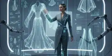 Futuristic fashion designer using AI tools for garment design and trend analysis