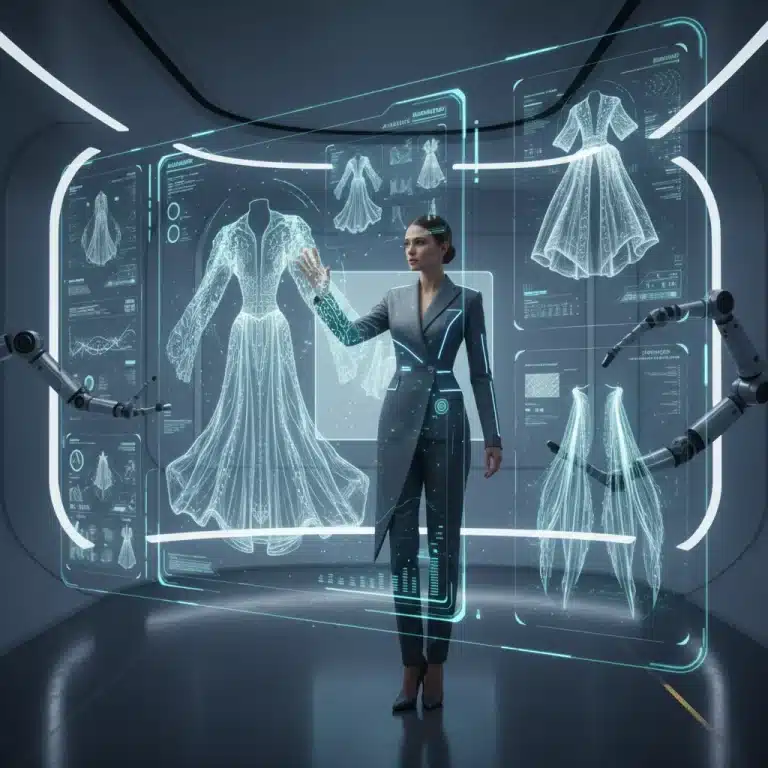 Futuristic fashion designer using AI tools for garment design and trend analysis