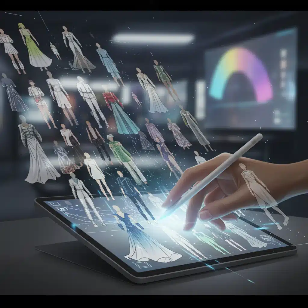 AI-generated fashion sketches on a digital tablet for rapid ideation