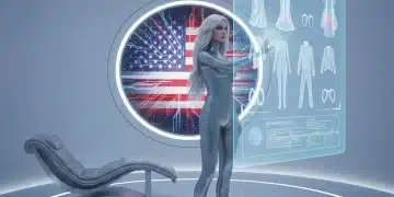 Futuristic woman using AI personal styling interface in a modern dressing room.