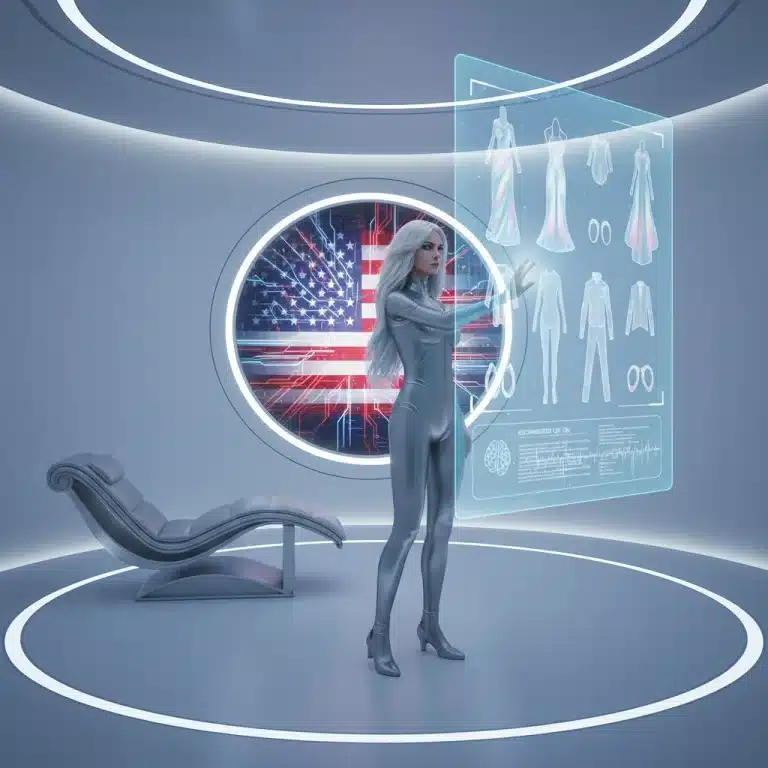 Futuristic woman using AI personal styling interface in a modern dressing room.