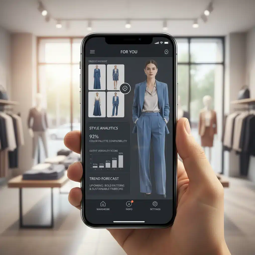 Smartphone screen showing AI personal styling app with virtual try-on.