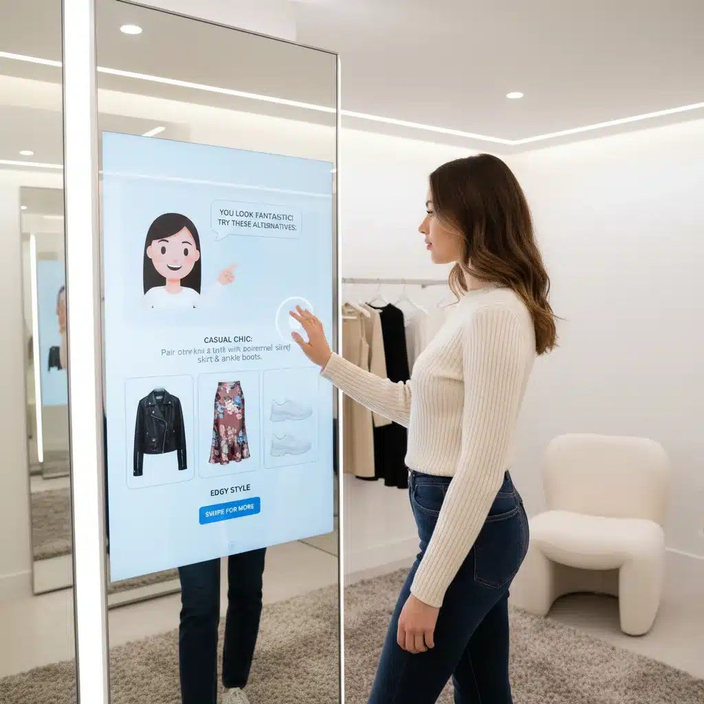 Customer using smart mirror with AI stylist in a personalized fitting room experience.