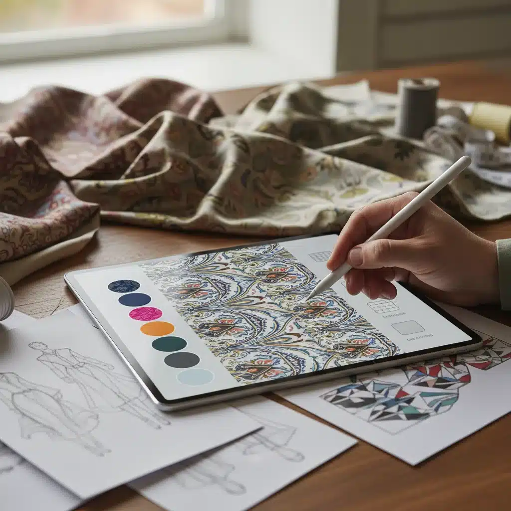 Designer interacting with AI-generated textile pattern on tablet