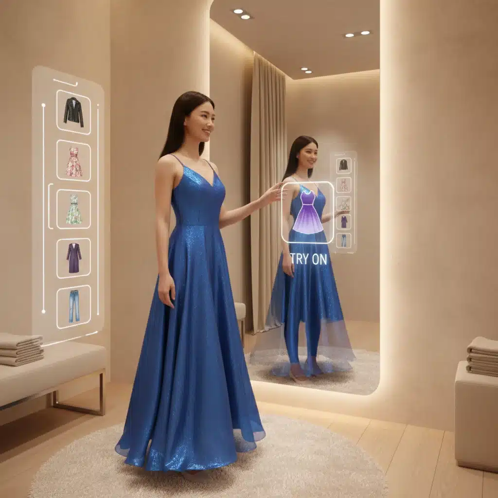 Customer using an augmented reality mirror for virtual try-on in a fashion store