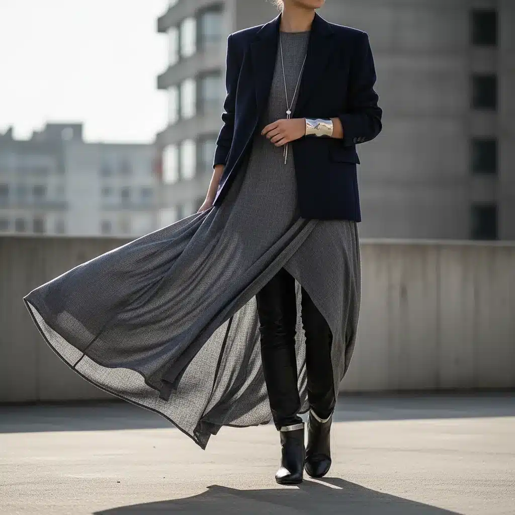 Person showcasing asymmetrical layering with long tunic and short jacket for unique silhouette.