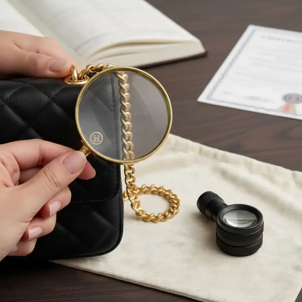 Expert hands authenticating designer handbag details for resale