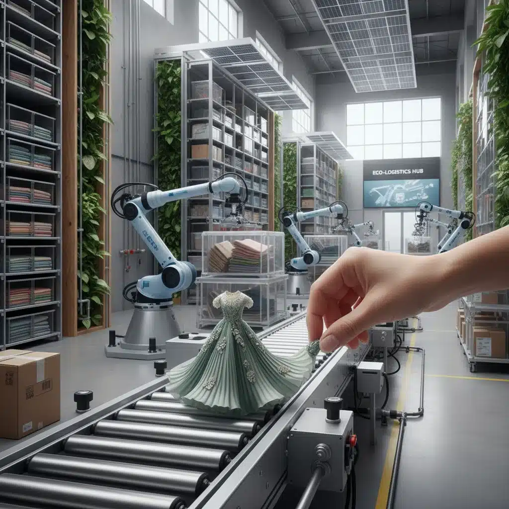 Automated warehouse with robotic arms handling fashion garments, symbolizing efficient and sustainable logistics.