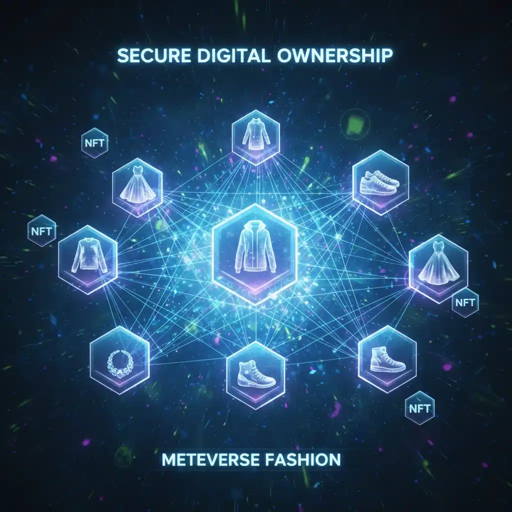 Blockchain network illustrating secure ownership and transaction of digital fashion NFTs in the metaverse.