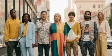 Diverse people in stylish, affordable outfits in a modern city setting, representing budget fashion 2026.