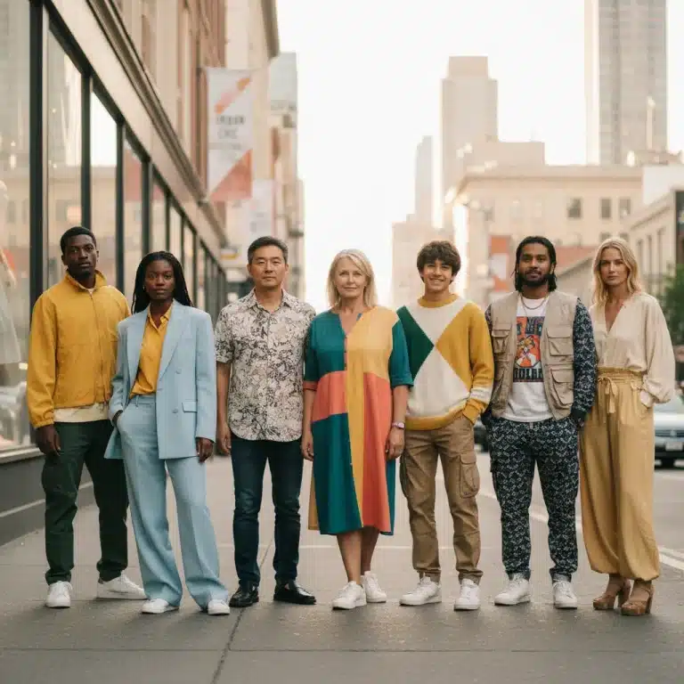Diverse people in stylish, affordable outfits in a modern city setting, representing budget fashion 2026.