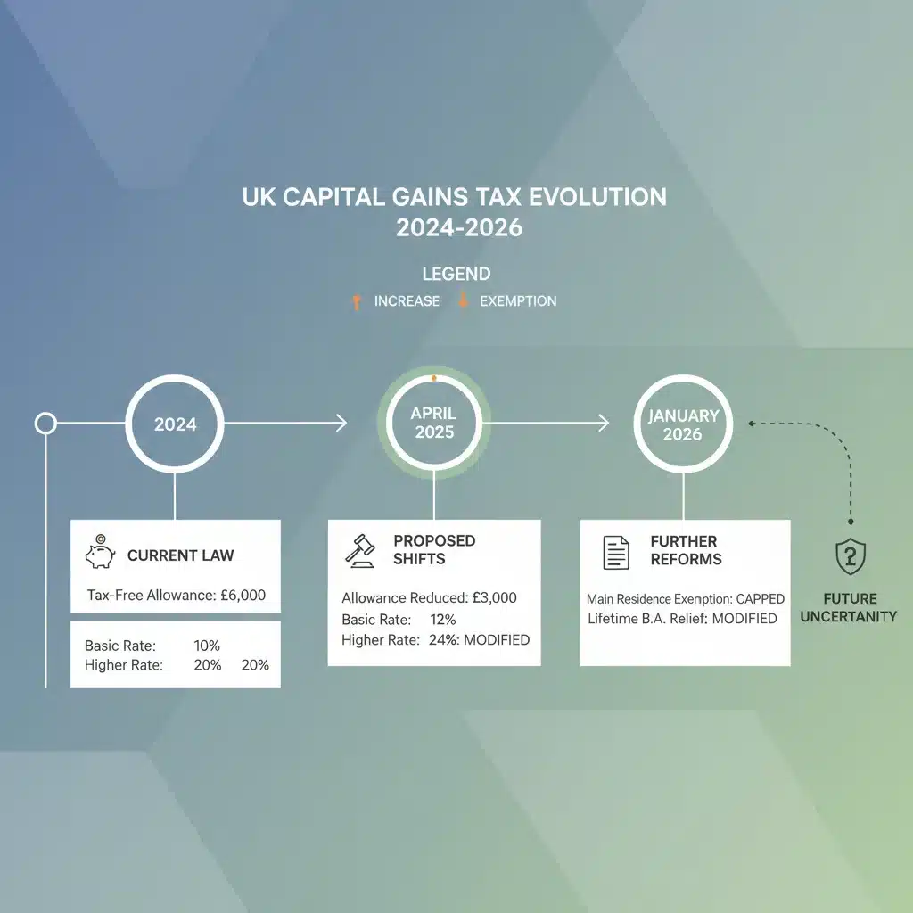 Infographic detailing the timeline and potential changes in capital gains tax leading to 2026.