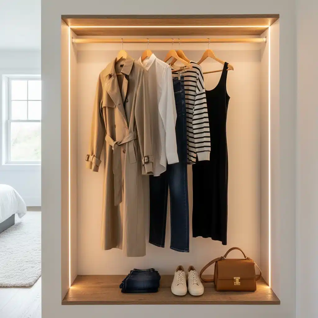 Organized capsule wardrobe with versatile, interchangeable clothing items for smart styling.