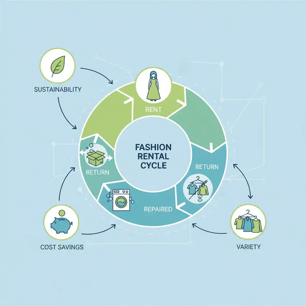 Circular economy graphic for fashion rental, sustainability benefits
