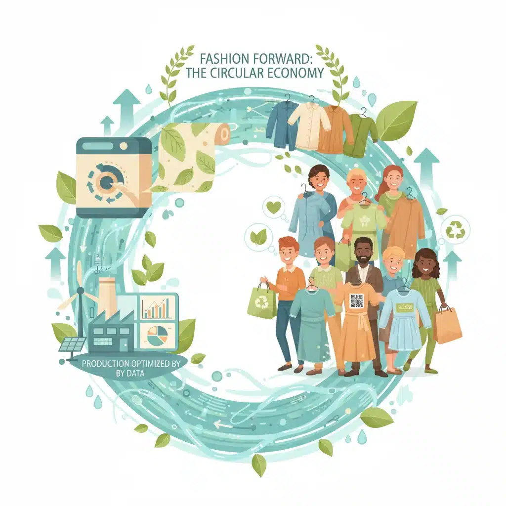 Circular fashion economy illustration with recycling, ethical choices, and data analytics.