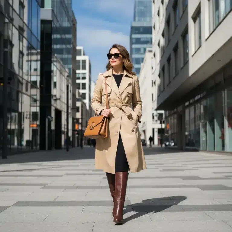Woman in classic trench coat making smart fashion investment