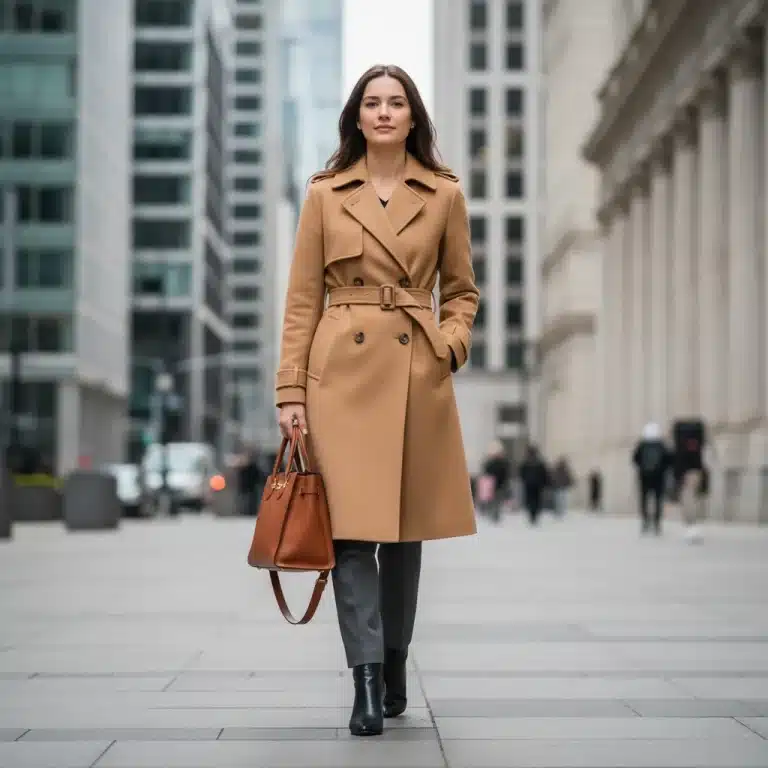 Woman in classic trench coat and leather bag, representing smart wardrobe investments for longevity.