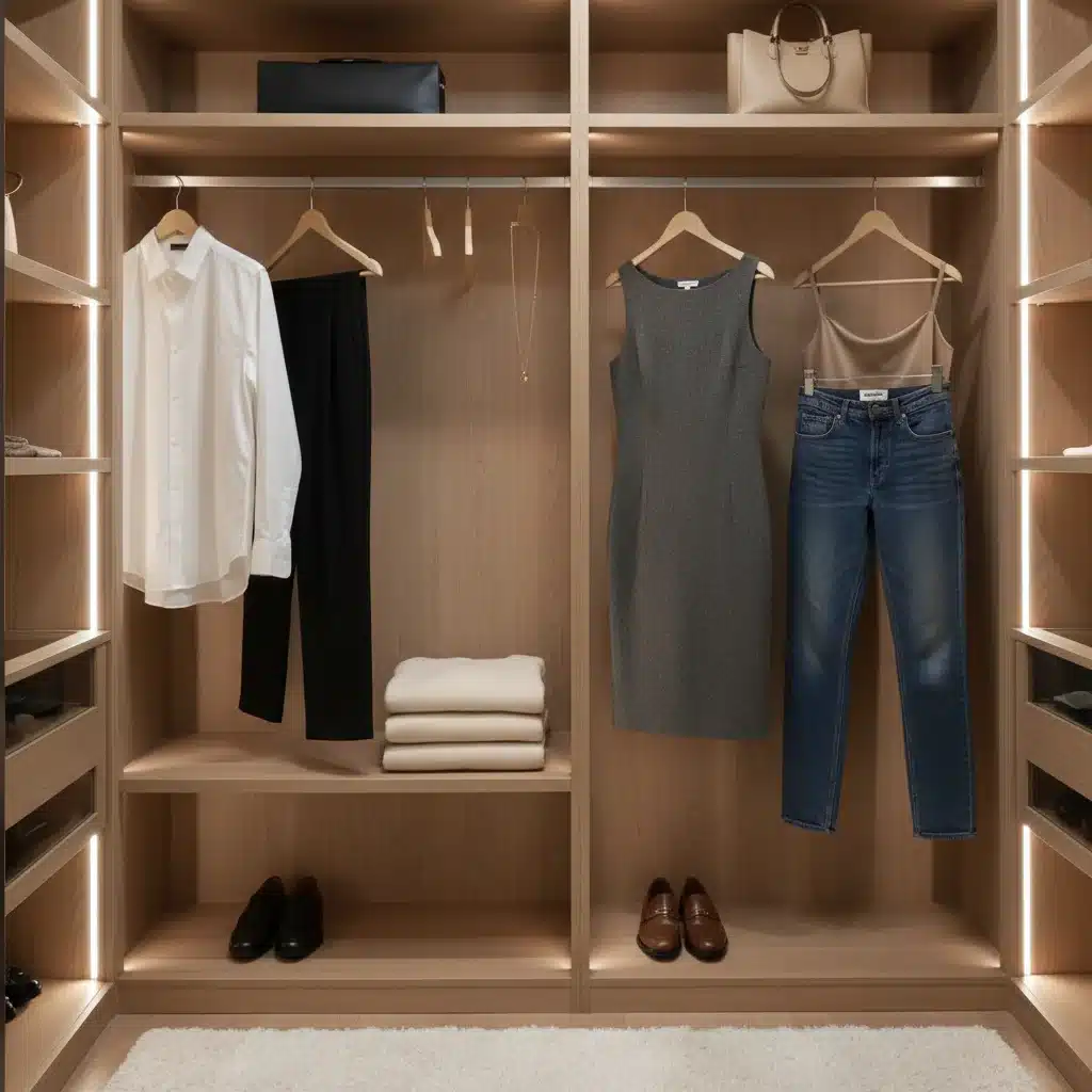 Organized closet with classic wardrobe staples, highlighting quality and versatility.
