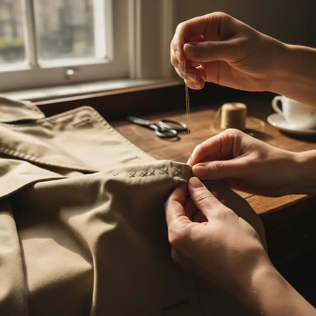 Person meticulously mending a classic trench coat by hand