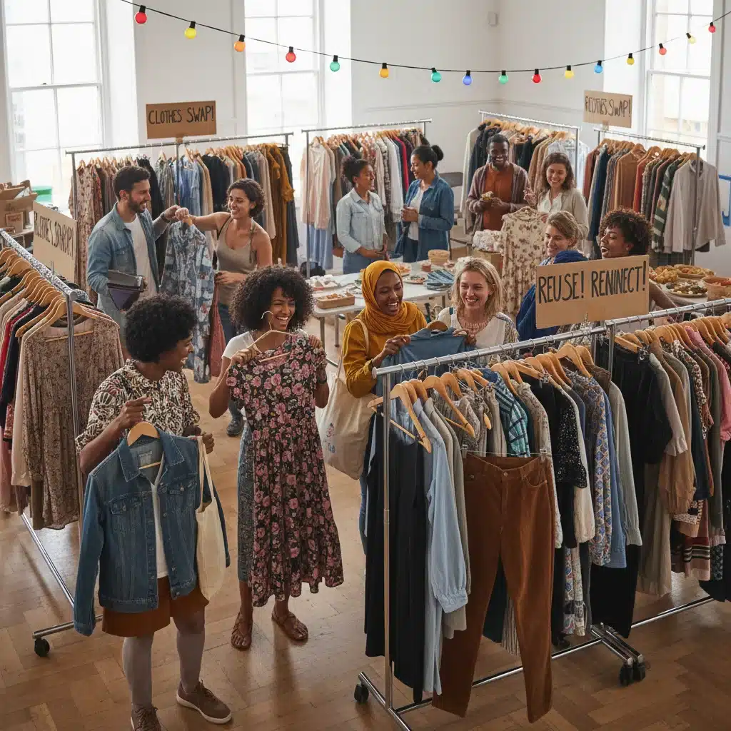 People at clothing swap event, exchanging garments, sustainable community