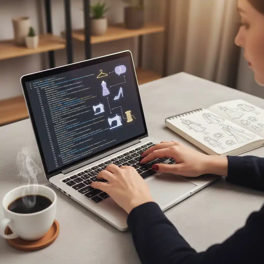 Hands coding on a laptop, blending technology with fashion design concepts.