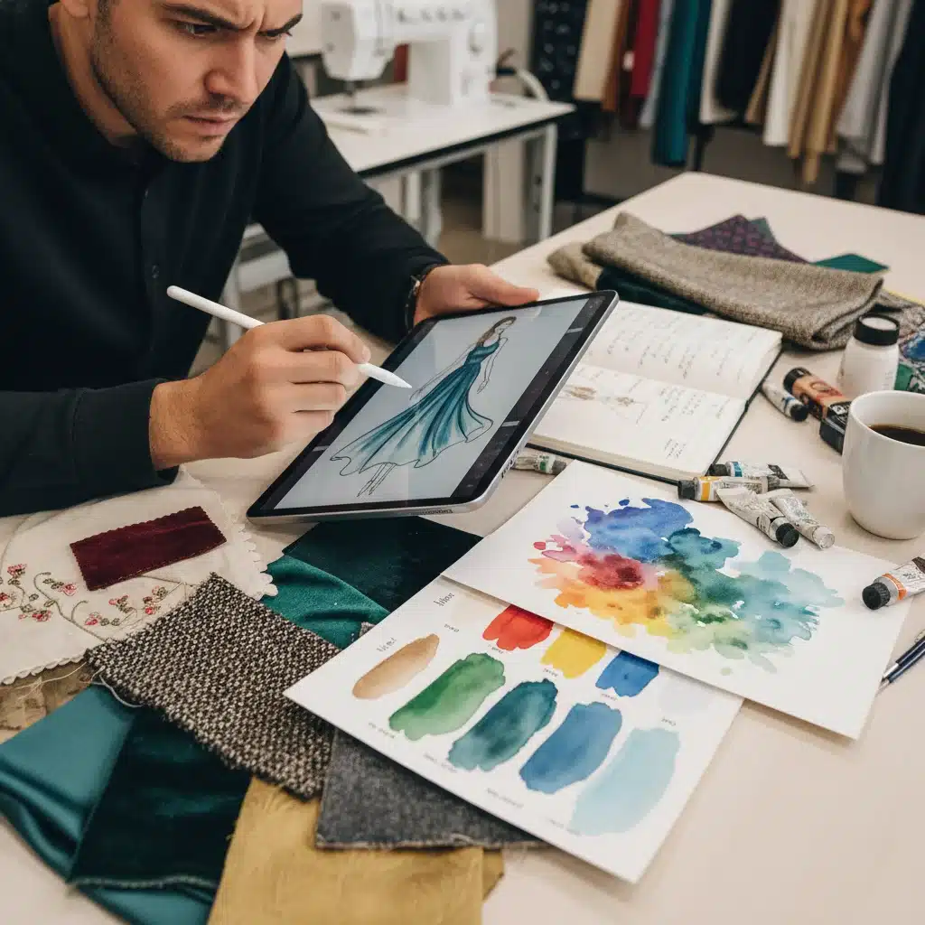 Fashion designer sketching on a tablet, surrounded by fabric samples, symbolizing creative growth.