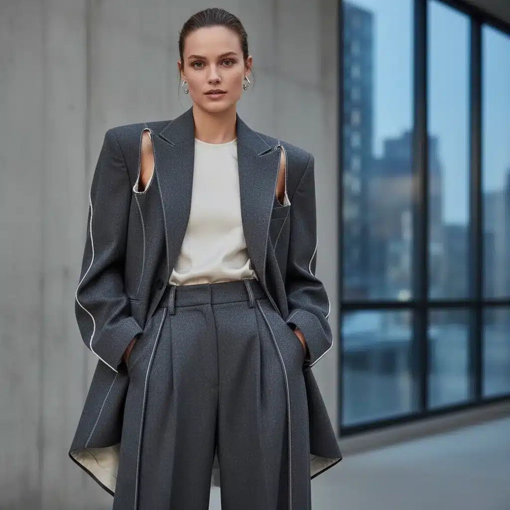 Woman in deconstructed tailored blazer and wide-leg trousers