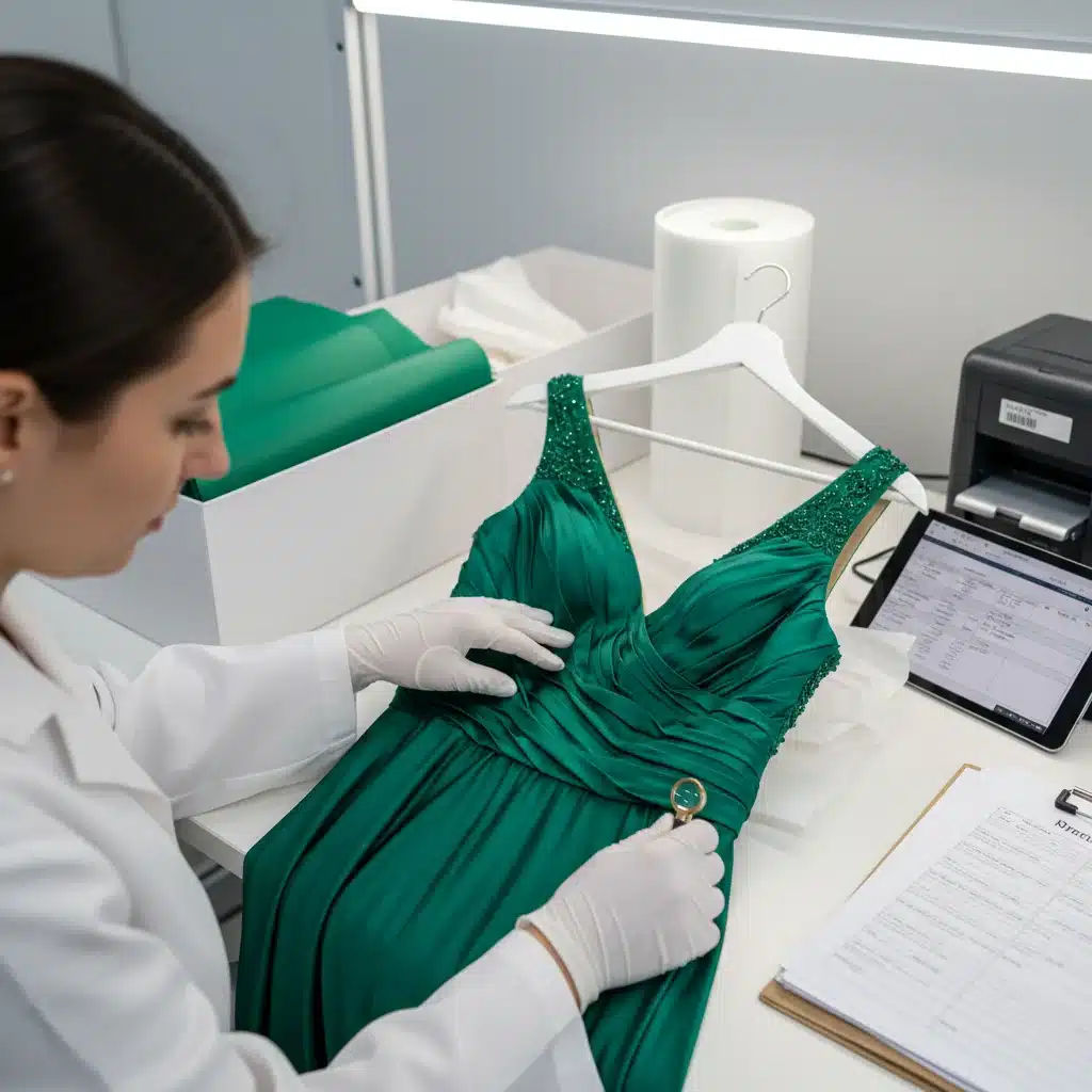 Quality check of designer garment before shipping for fashion rental.