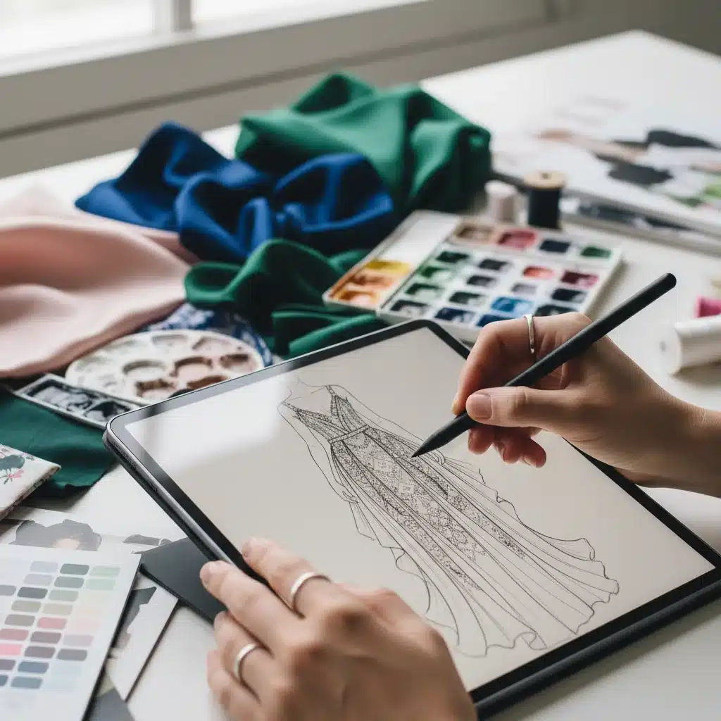 Fashion designer sketching digitally on a tablet, showcasing digital design skills