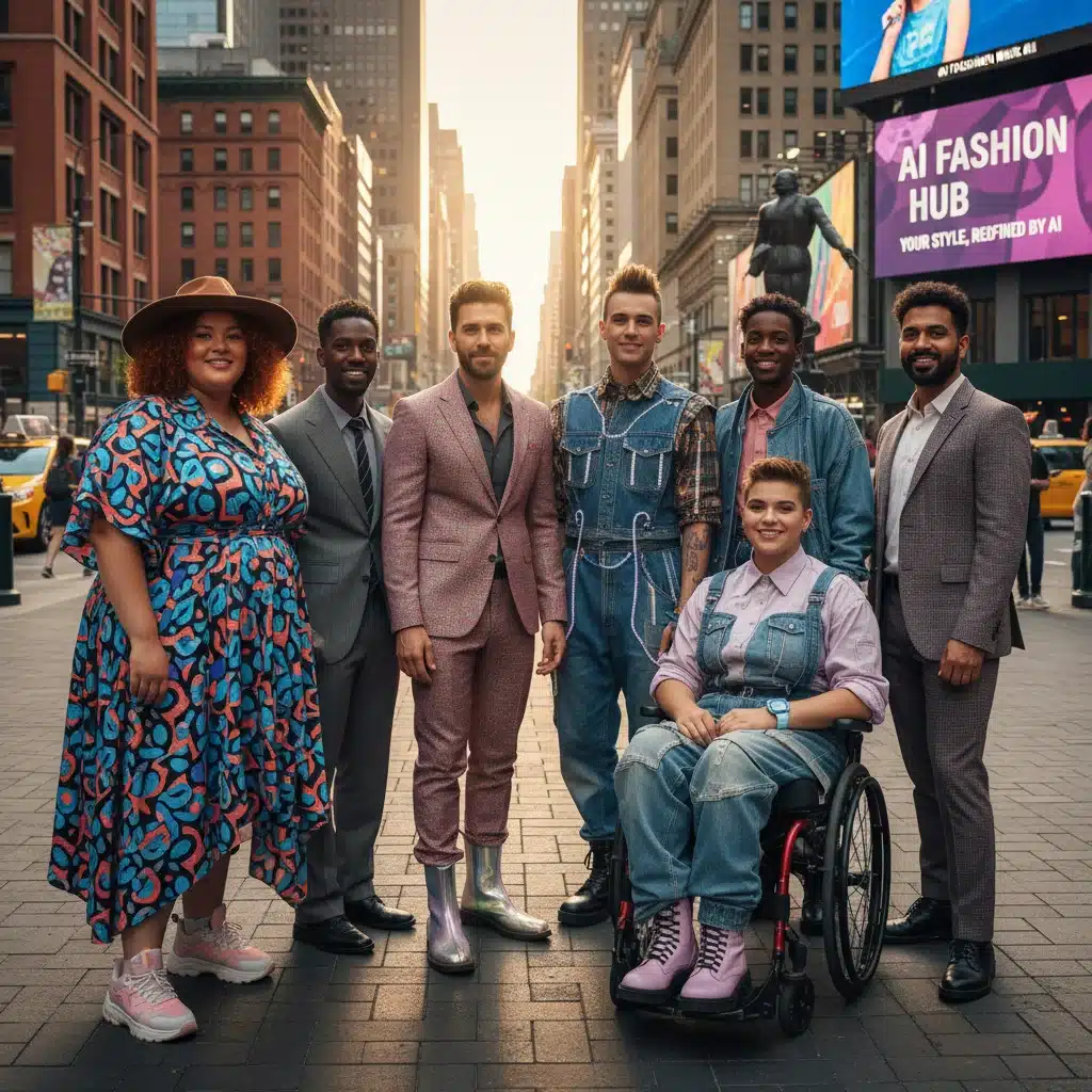 Diverse individuals confidently wearing AI-curated outfits in a US city.