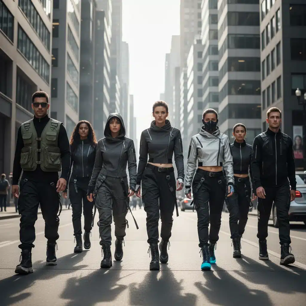 Diverse group in various techwear street fashion styles