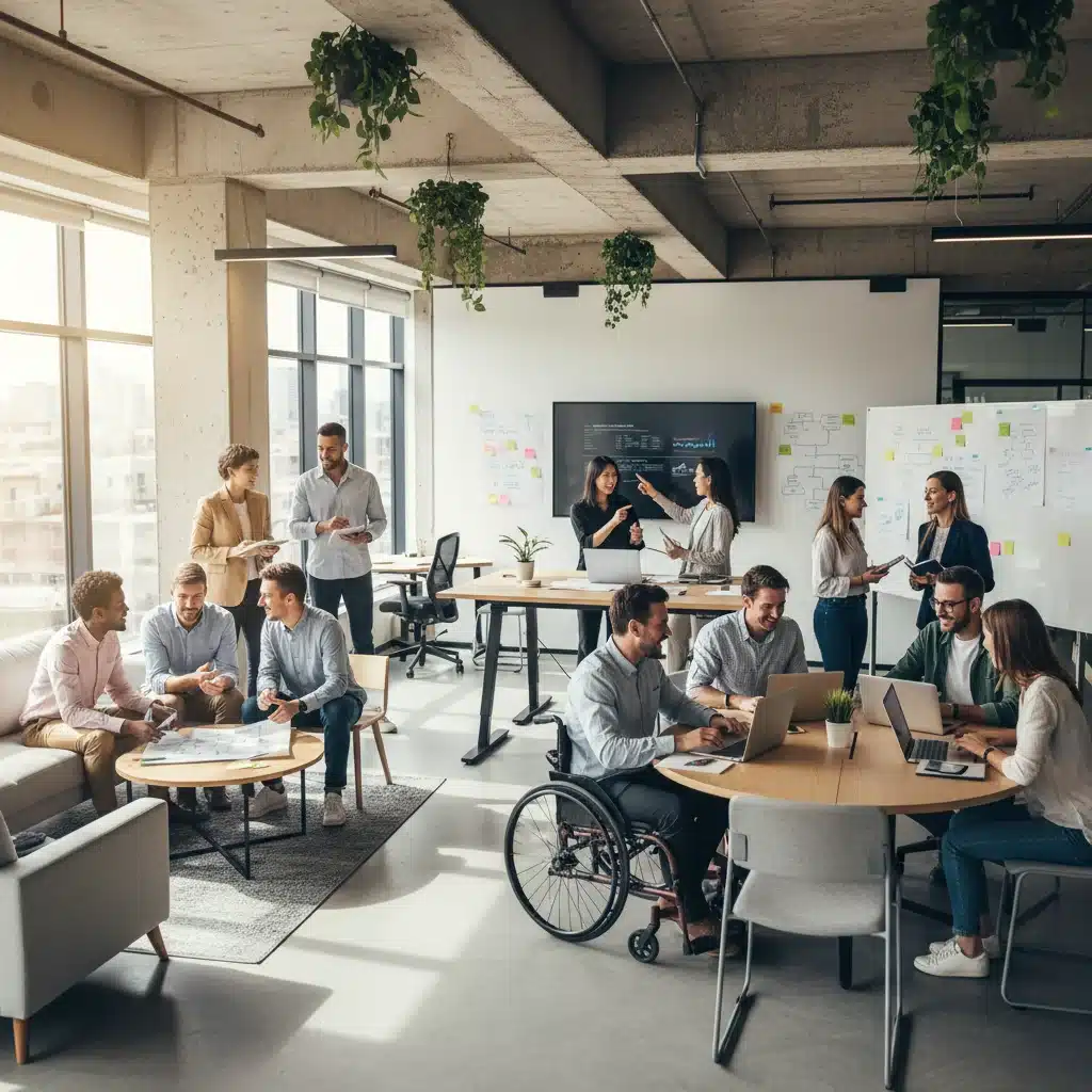 Diverse professionals collaborating in a modern office environment