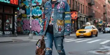 Young person in custom painted denim jacket, embracing DIY street style