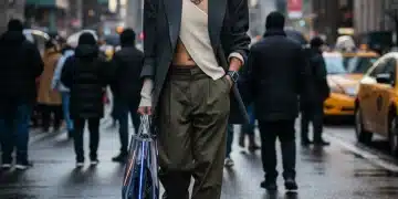 Stylish person in early 2026 urban fashion, captured candidly on a busy street.