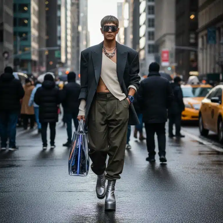 Stylish person in early 2026 urban fashion, captured candidly on a busy street.