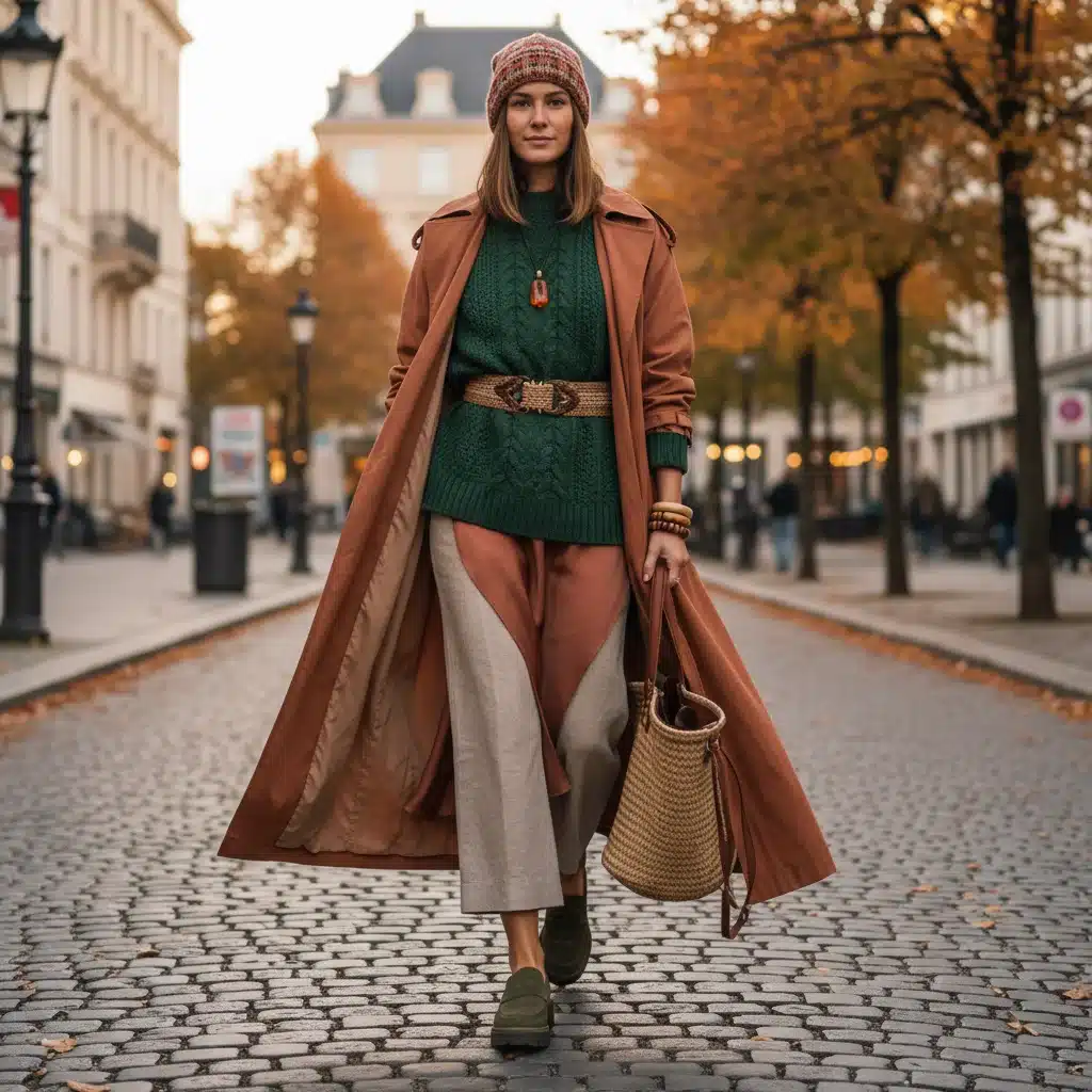 Stylish person combining earthy terracotta and forest green in a sophisticated layered street style outfit for autumn.