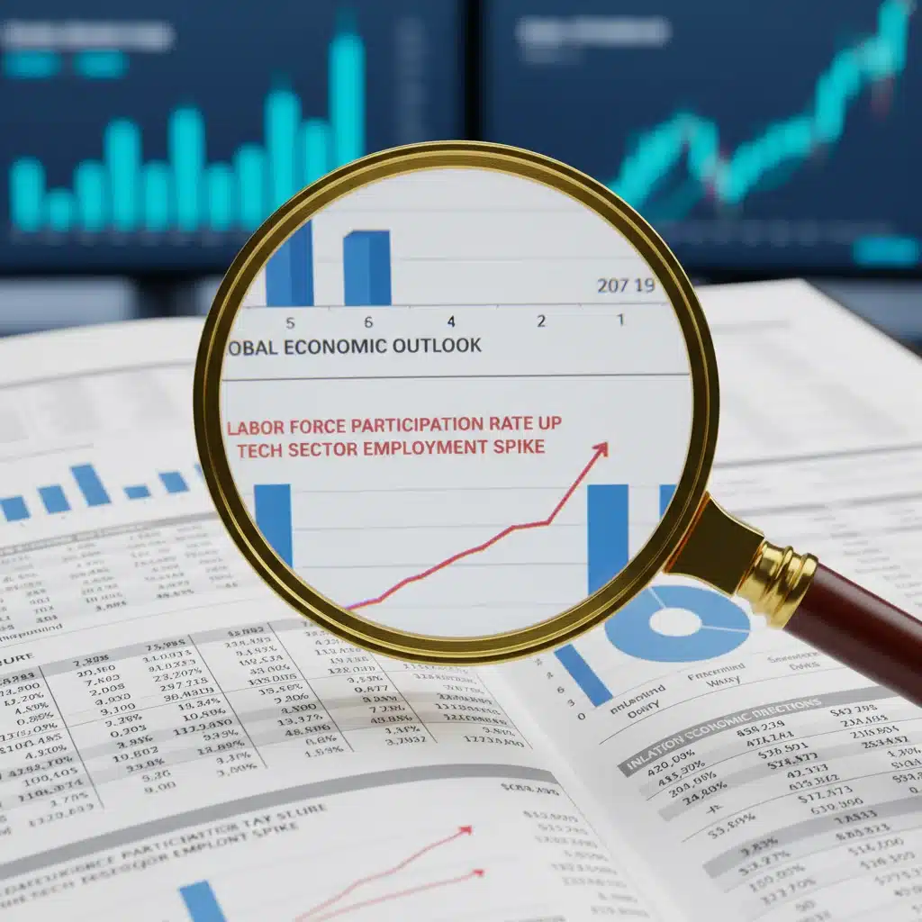 Magnifying glass examining detailed economic labor report