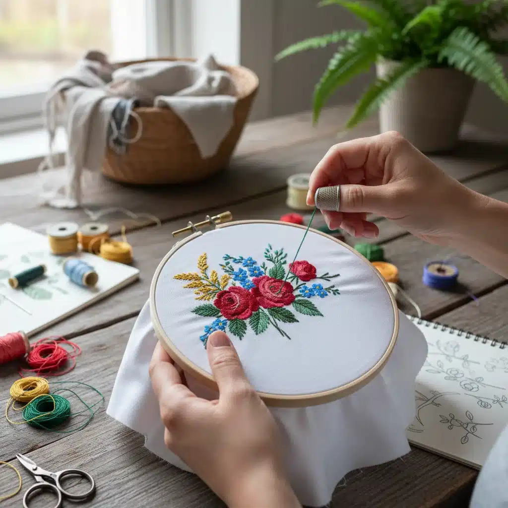 Hands embroidering floral design on t-shirt for custom look