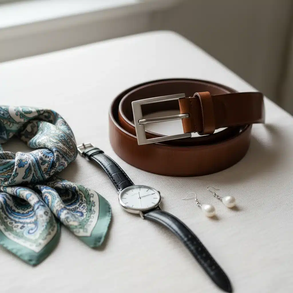 Essential professional accessories: belt, scarf, watch, earrings