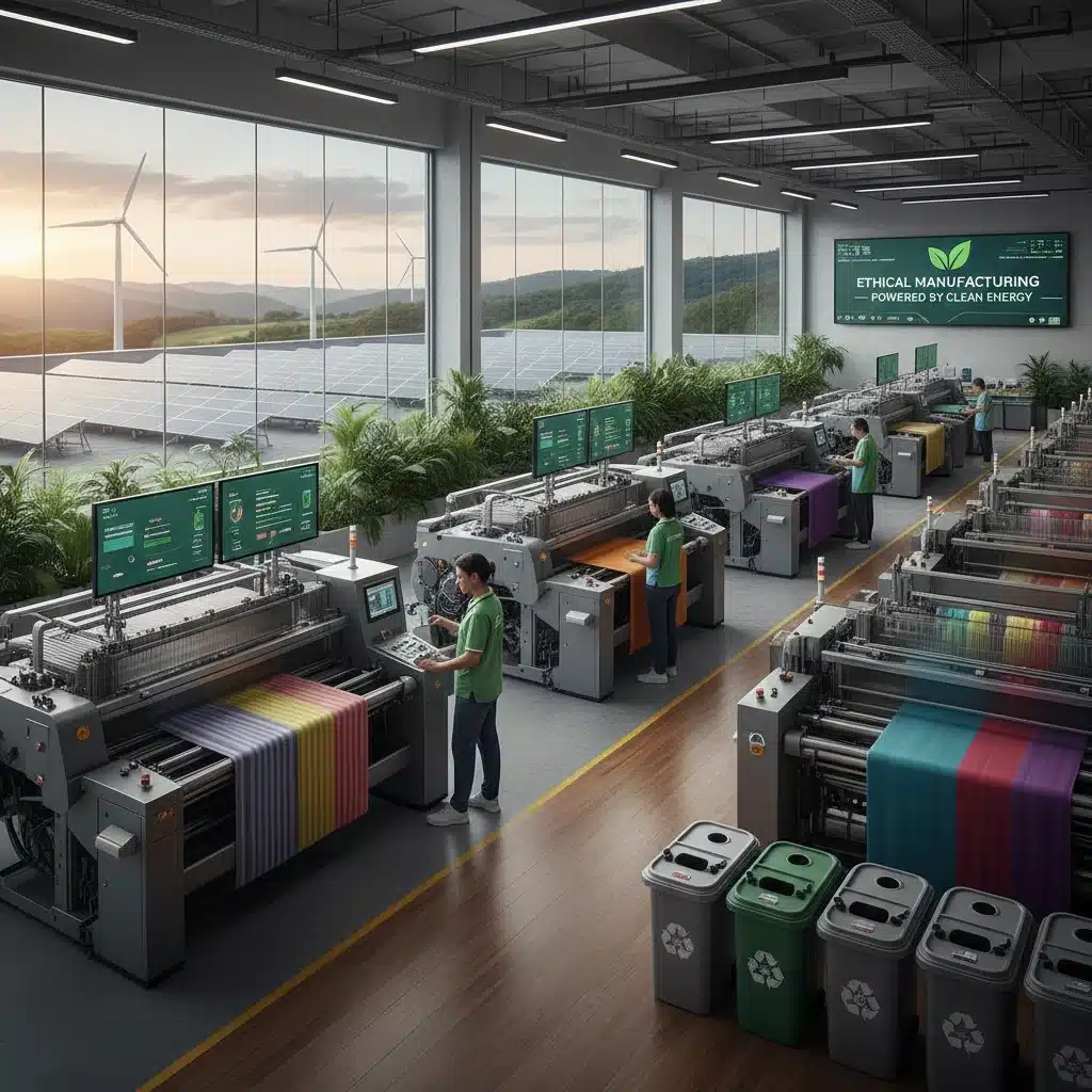 Modern textile factory, ethical manufacturing, clean energy production
