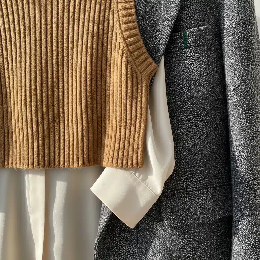 Close-up of diverse fabric textures layered in an outfit: silk, knit, and blazer.