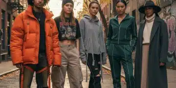 Diverse models display fall 2026 streetwear silhouettes in an urban setting.